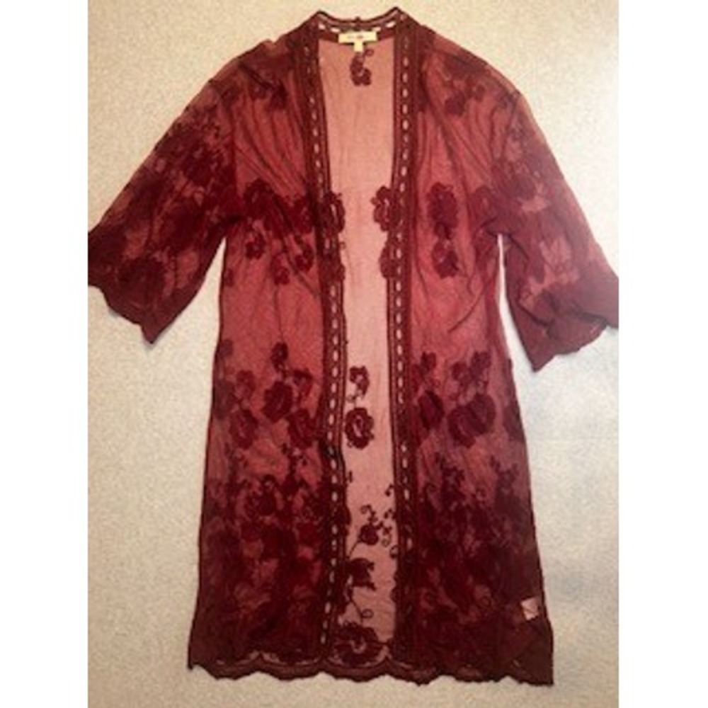 Wishful Park Burgundy Floral Embroidered Sheer Mesh Lace Trim Cardigan Large